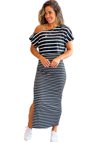 Black Stripe Asymmetric Shoulder Tee Slit Pencil Dress Set