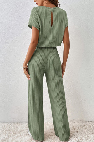 Grass Green Solid Color Ribbed Short Sleeve Wide Leg Jumpsuit