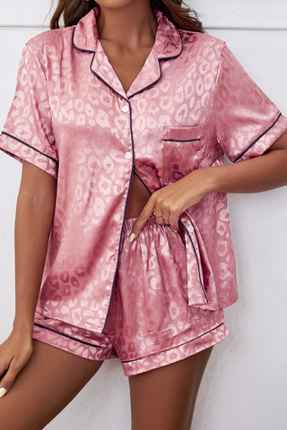 Pink Leopard Contrast Trim Satin 2pcs Short Pajama Set