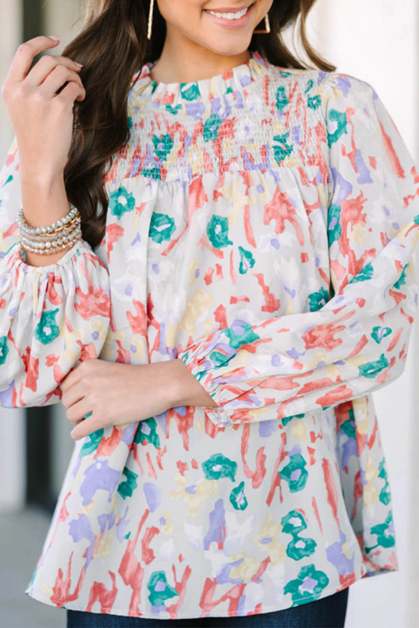 Multicolor Printed Frilled Neck Smocked Loose Blouse