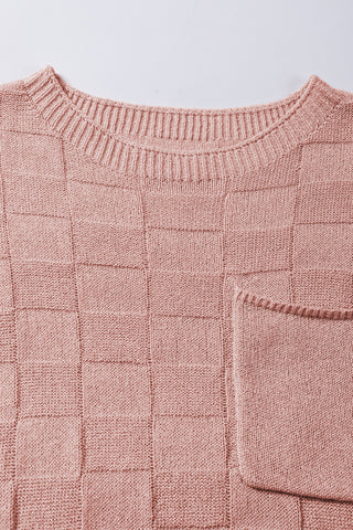 Dusty Pink Lattice Textured Knit Short Sleeve Sweater