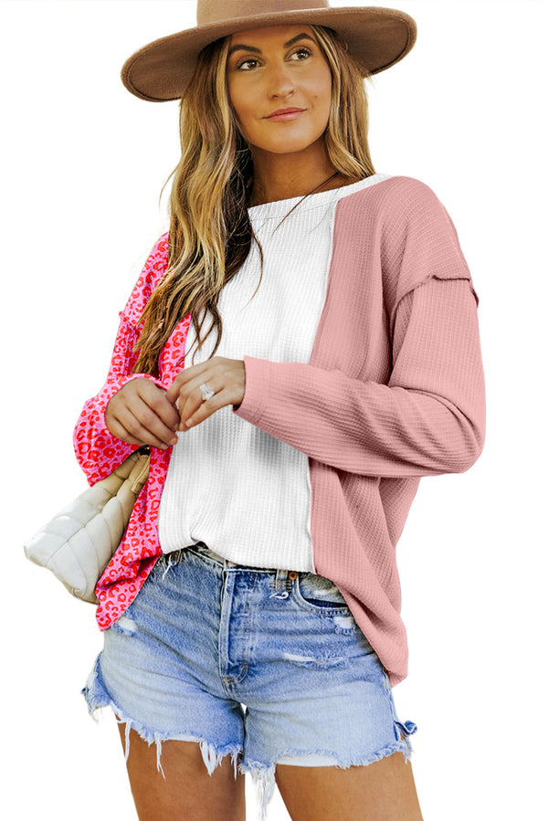 Pink Waffle Knit Exposed Seam Leopard Colorblock Print Top