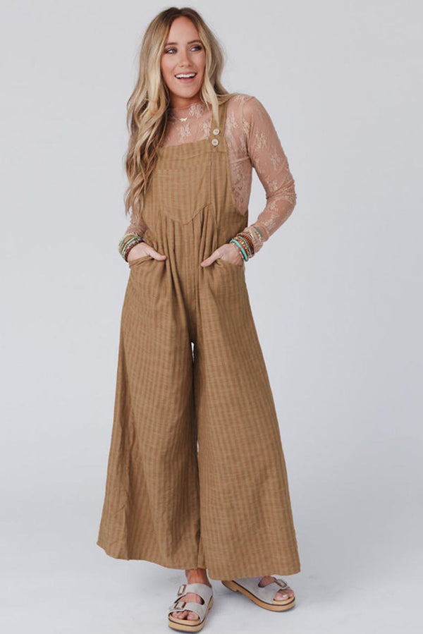 Brown Striped Pleated Wide Leg Pocketed Jumpsuit