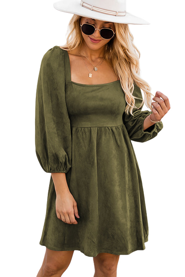 Pickle Green Suede Square Neck Puff Sleeve Dress