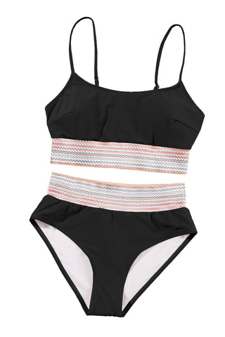Black Striped Patchwork Spaghetti Strap High Waist Bikini Swimsuit