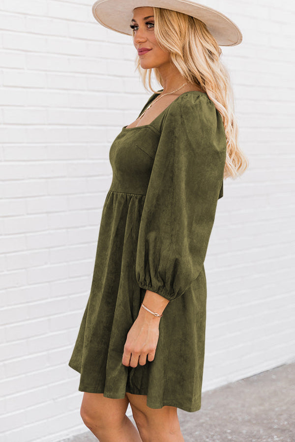 Pickle Green Suede Square Neck Puff Sleeve Dress
