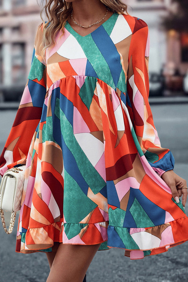 Multicolor Geometric Print Long Sleeve Ruffle Babydoll Dress
