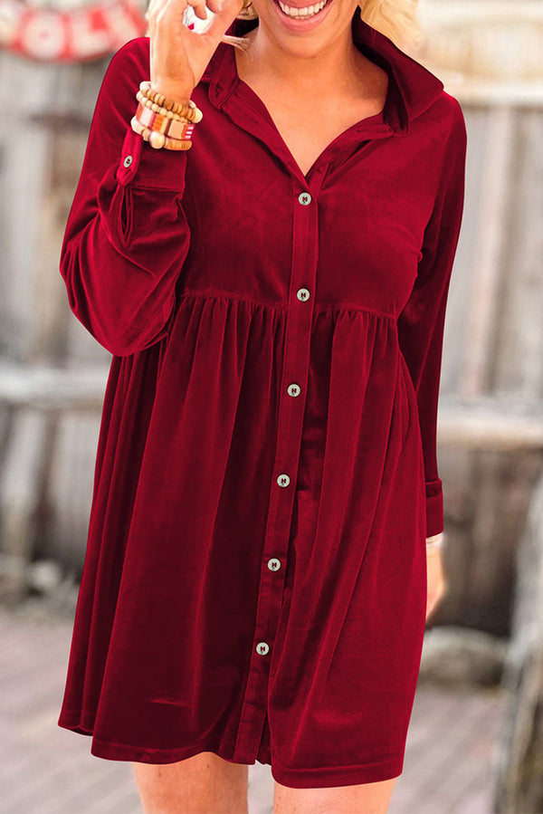 Red Long Sleeve Ruffle Velvet Button Up Dress