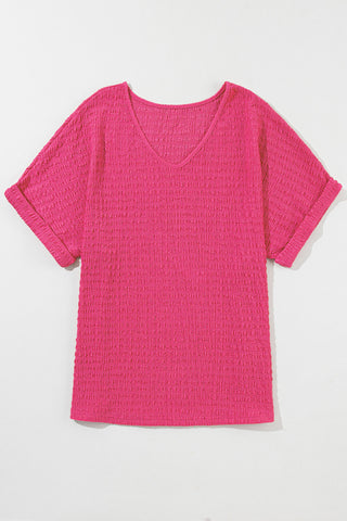 Bright Pink Textured Rolled Short Sleeve V Neck Blouse