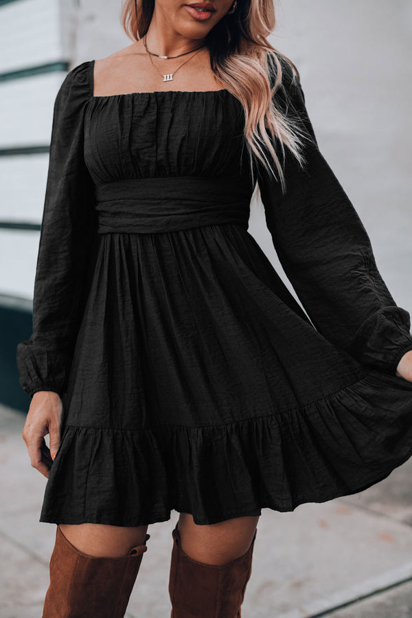 Black Ruched Square Neck Puff Sleeve Mini Dress