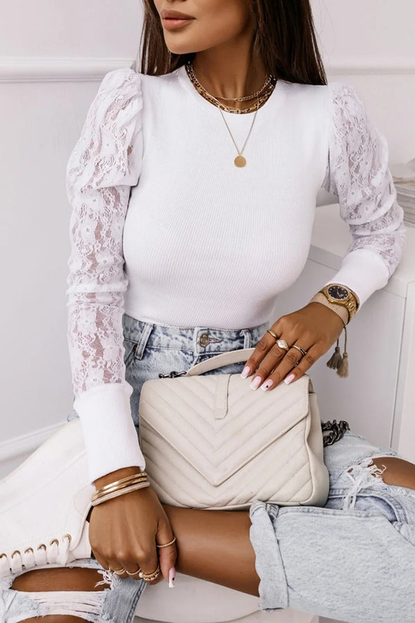 White Lace Ribbed Top