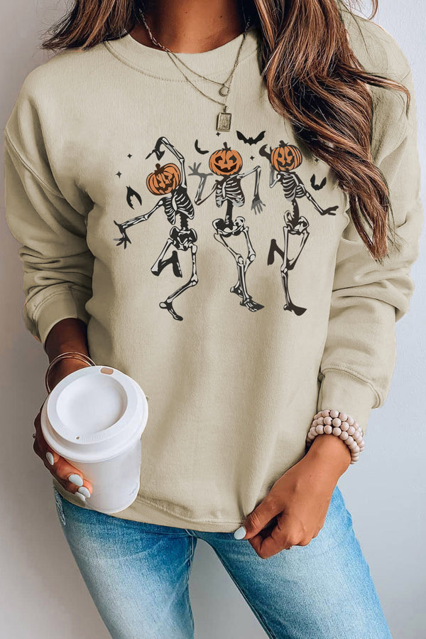 Khaki Skeleton Pumpkin Graphic Print Pullover Sweatshirt