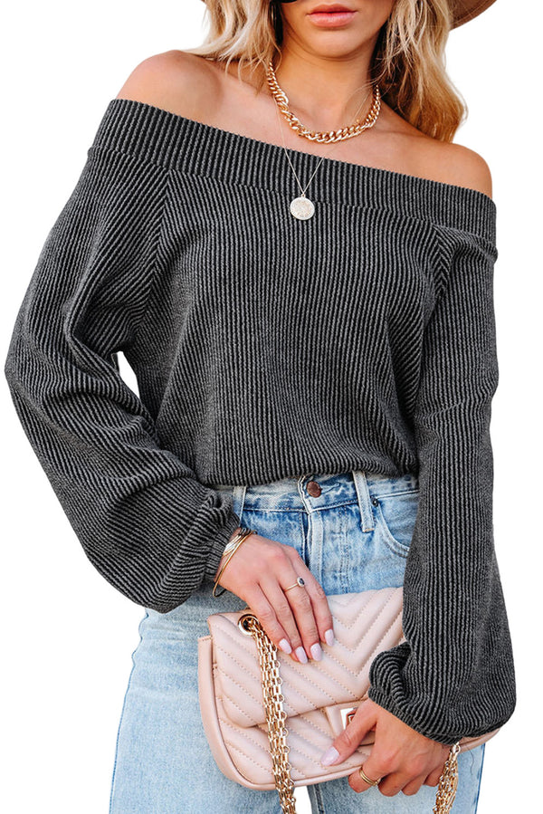 Gray Ribbed Knit Off-Shoulder Balloon Sleeve Top