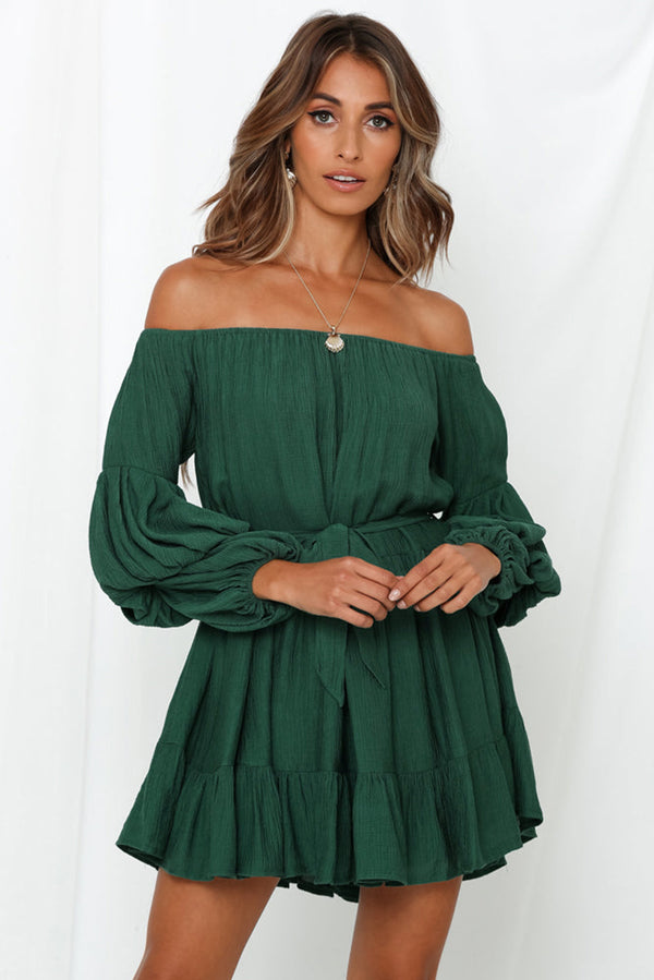 Green Off-Shoulder Tiered Bubble Sleeve Ruffled Dress