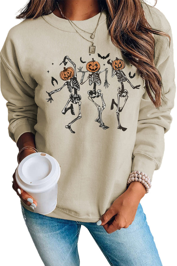 Khaki Skeleton Pumpkin Graphic Print Pullover Sweatshirt