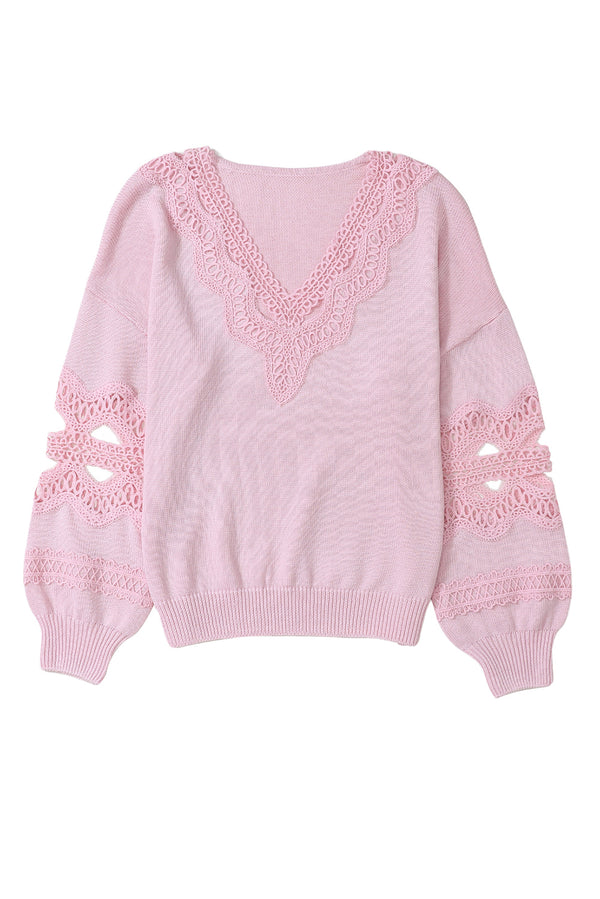 Pink Hollowed Lace Splicing V Neck Loose Sweater