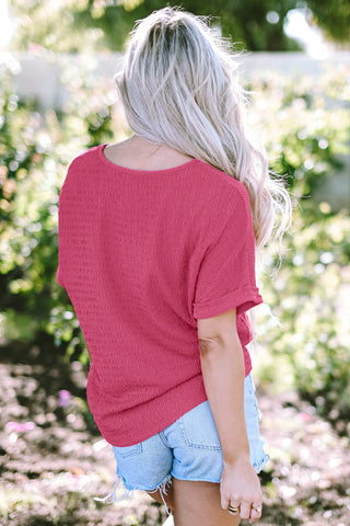 Bright Pink Textured Rolled Short Sleeve V Neck Blouse