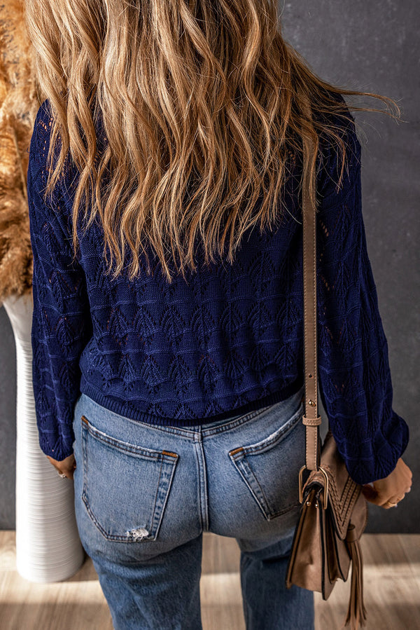 Blue Lightweight Buttoned Front Crochet Cardigan