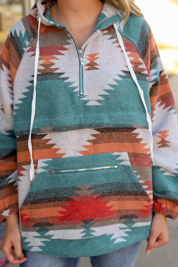 Multicolor Aztec Print Zipped Split Neck Hoodie