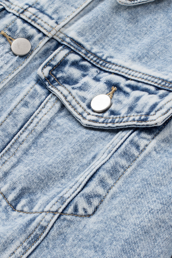 Sky Blue Lapel Distressed Raw Hem Buttons Denim Jacket